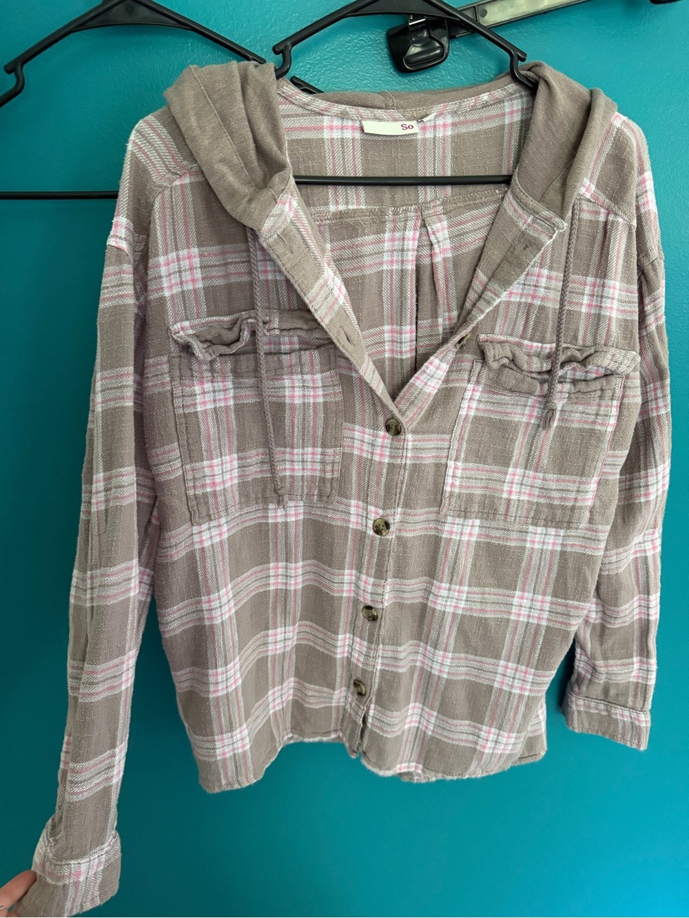 SO Hooded Plaid Button-Down Shirt - Taupe, Pink & White